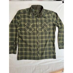 Kuhl Eluxur Mens Large Olive Green Yellow Plaid Long Sleeve Snap Button Shirt